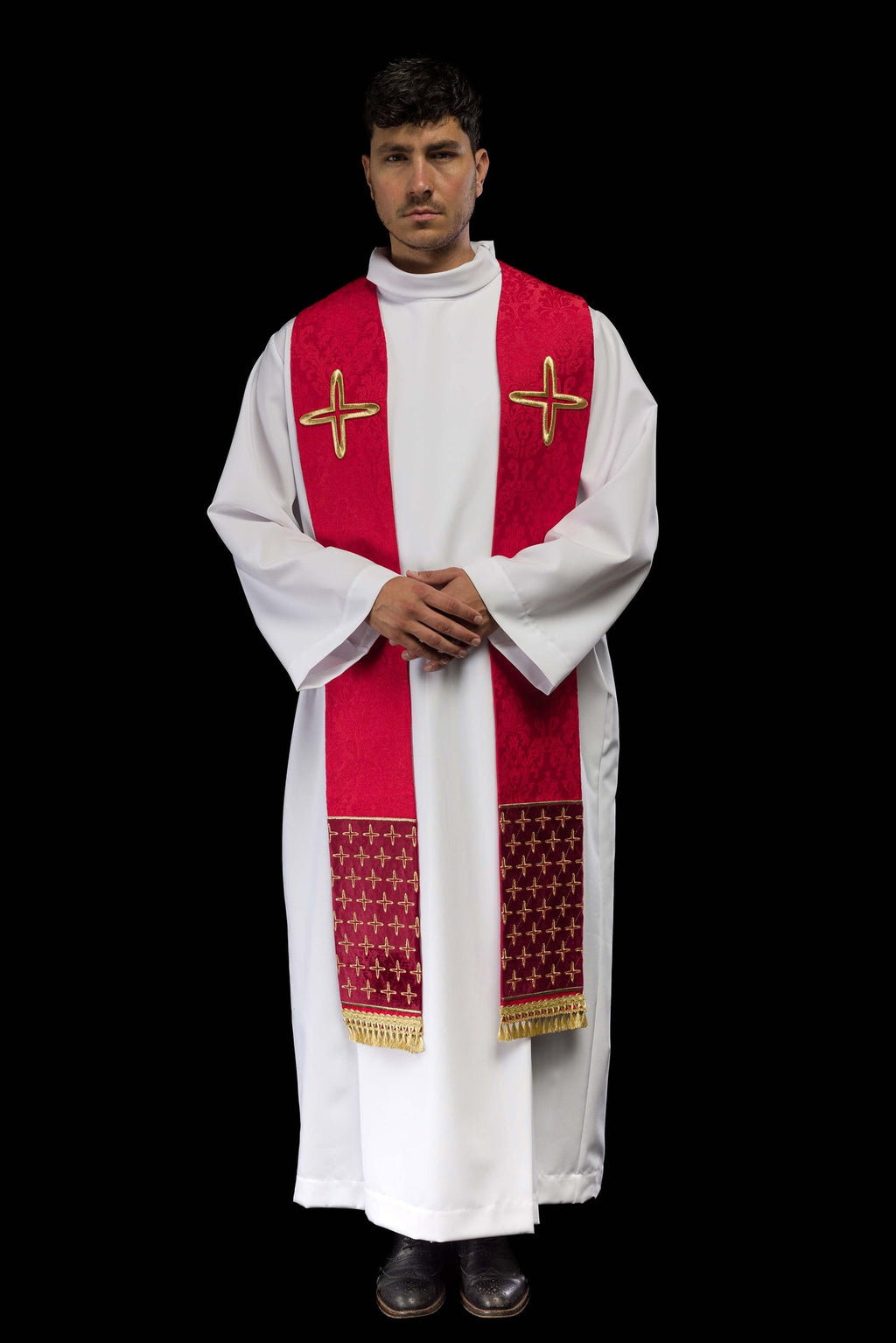 Stuła haftowana żakardowa z motywami krzyży czerwona - ORNATY.PL