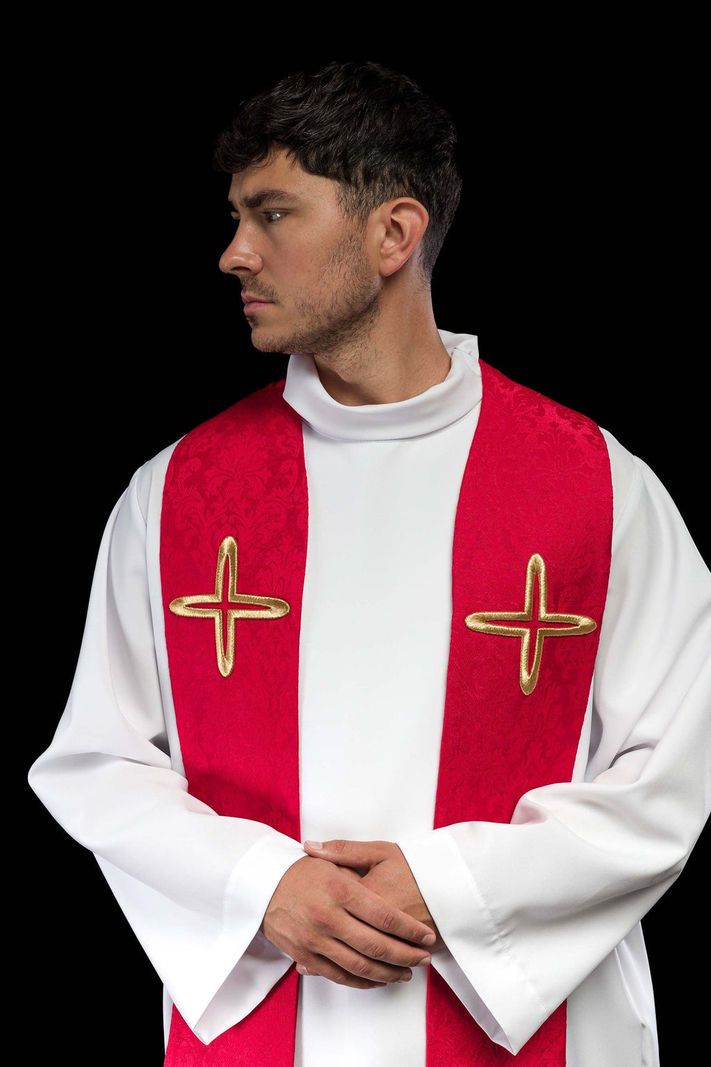 Stuła haftowana żakardowa z motywami krzyży czerwona - ORNATY.PL