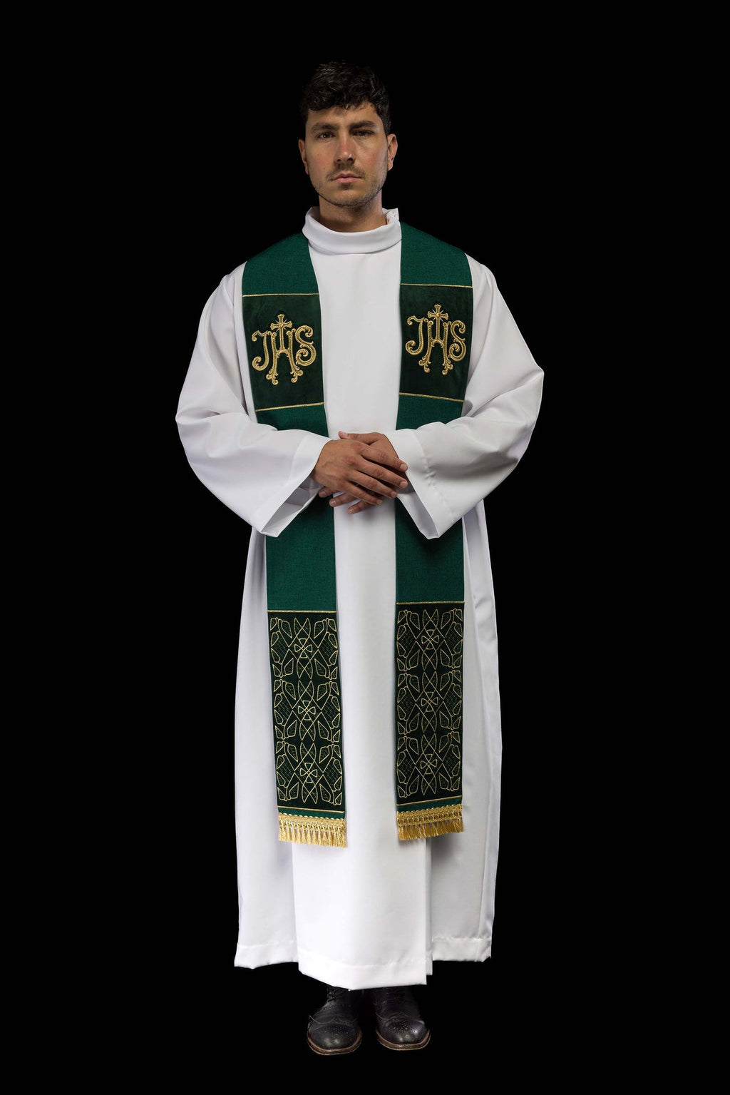 Stuła haftowana aksamitna z motywem IHS zielona - ORNATY.PL