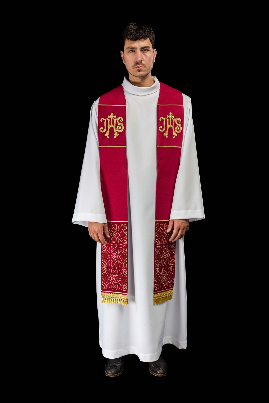 Stuła haftowana aksamitna z motywem IHS czerwona - ORNATY.PL