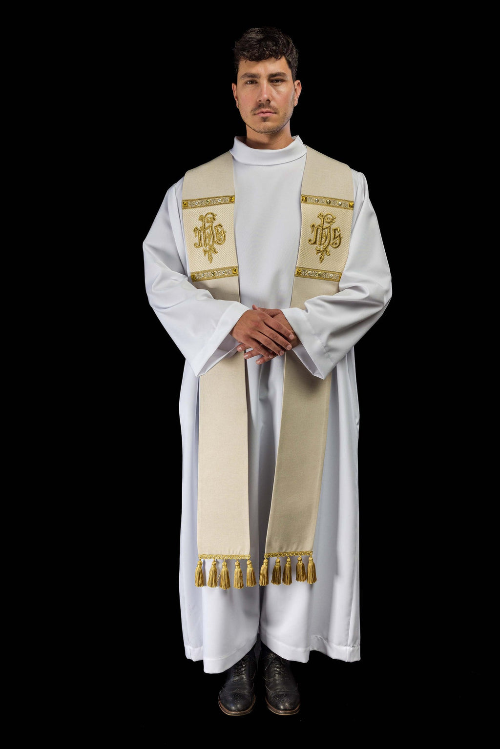 Stuła haftowana z motywem IHS ecru - ORNATY.PL