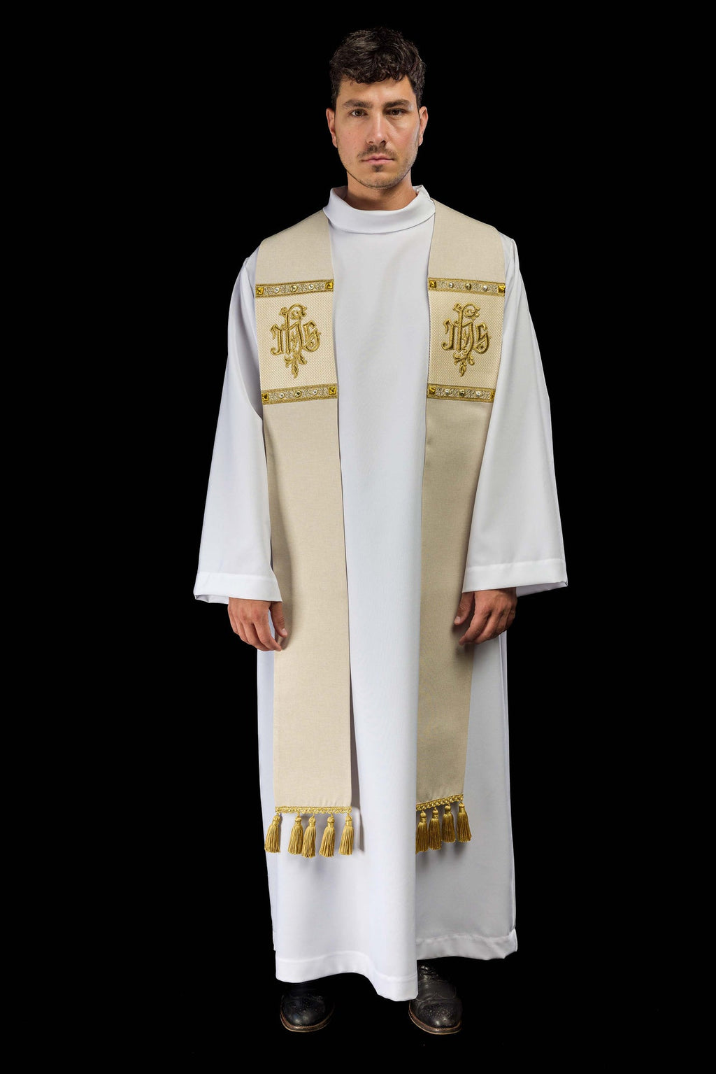 Stuła haftowana z motywem IHS ecru - ORNATY.PL