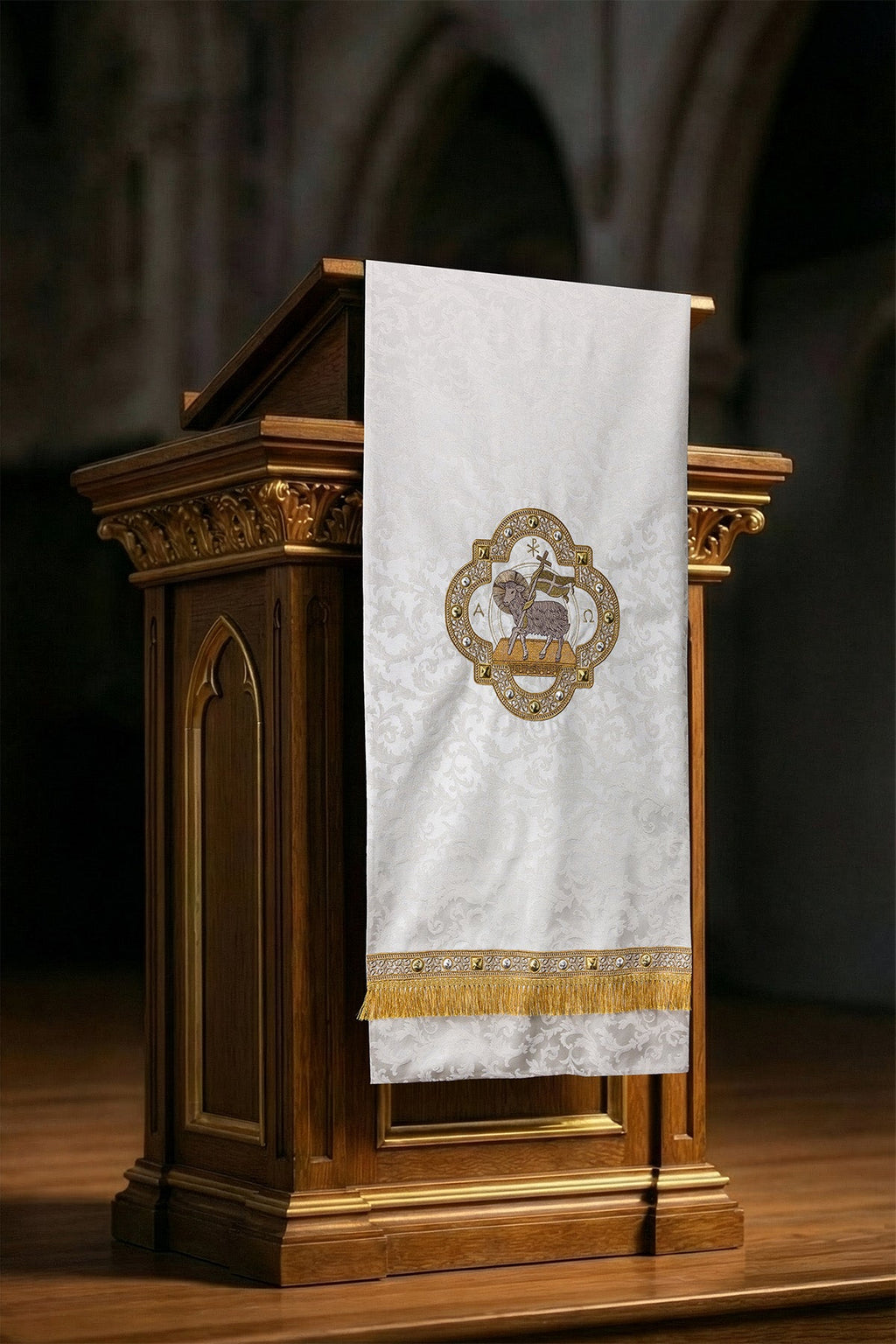 Servilleta para lectorio con bordado de cordero tela jacquard ecru