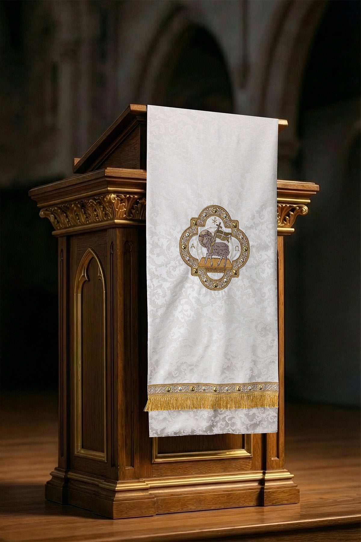 Servilleta para lectorio con bordado de cordero tela jacquard ecru