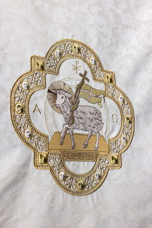 Servilleta para lectorio con bordado de cordero tela jacquard ecru