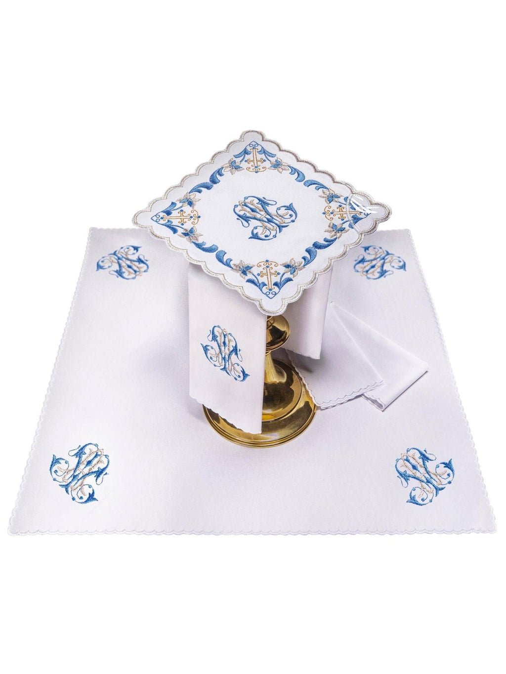 Bielizna kielichowa z niebieskim wykończeniem i haftem maryjnym