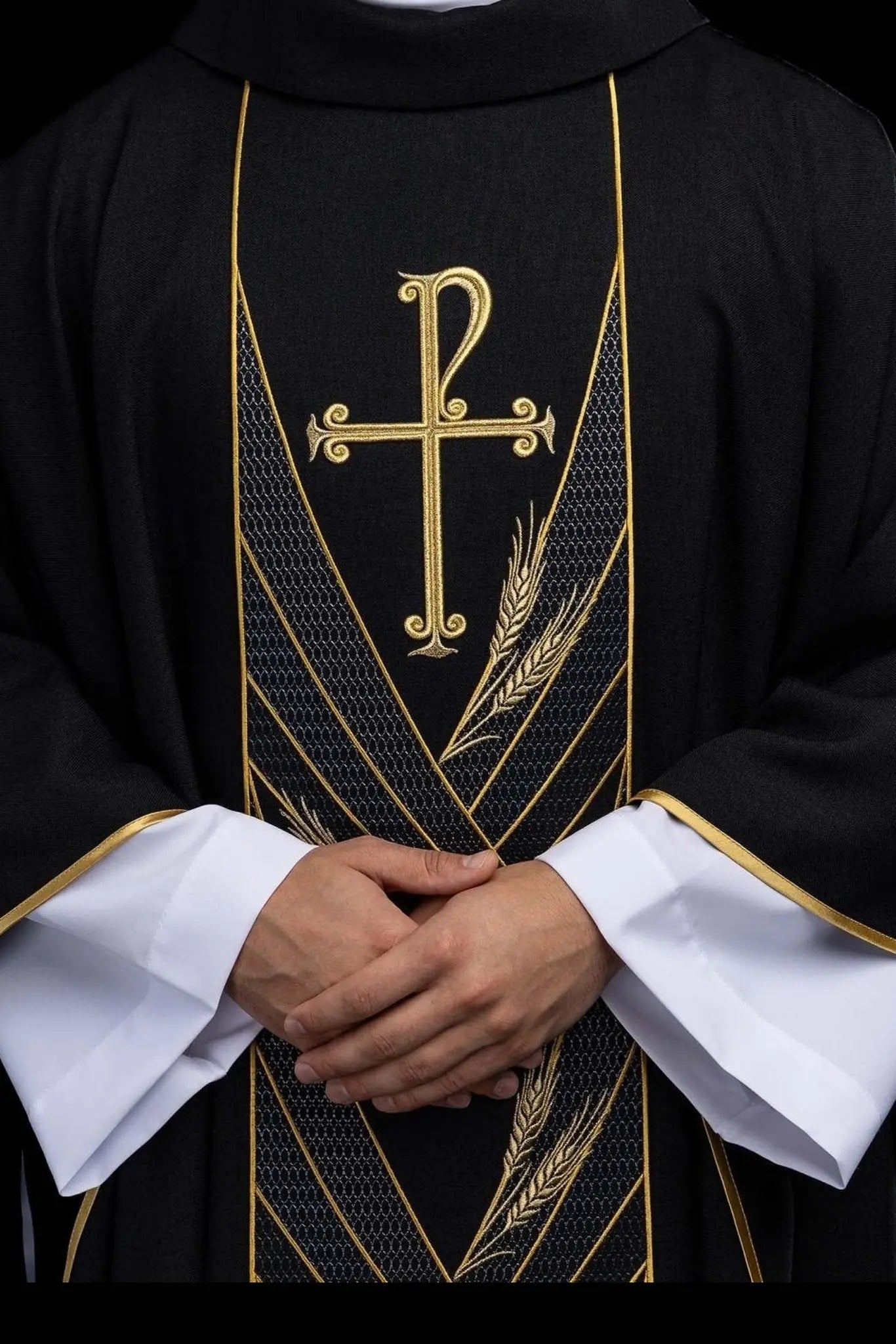 Black chasuble with embroidered PAX band and wheat motif - HAFTINA ATELIER