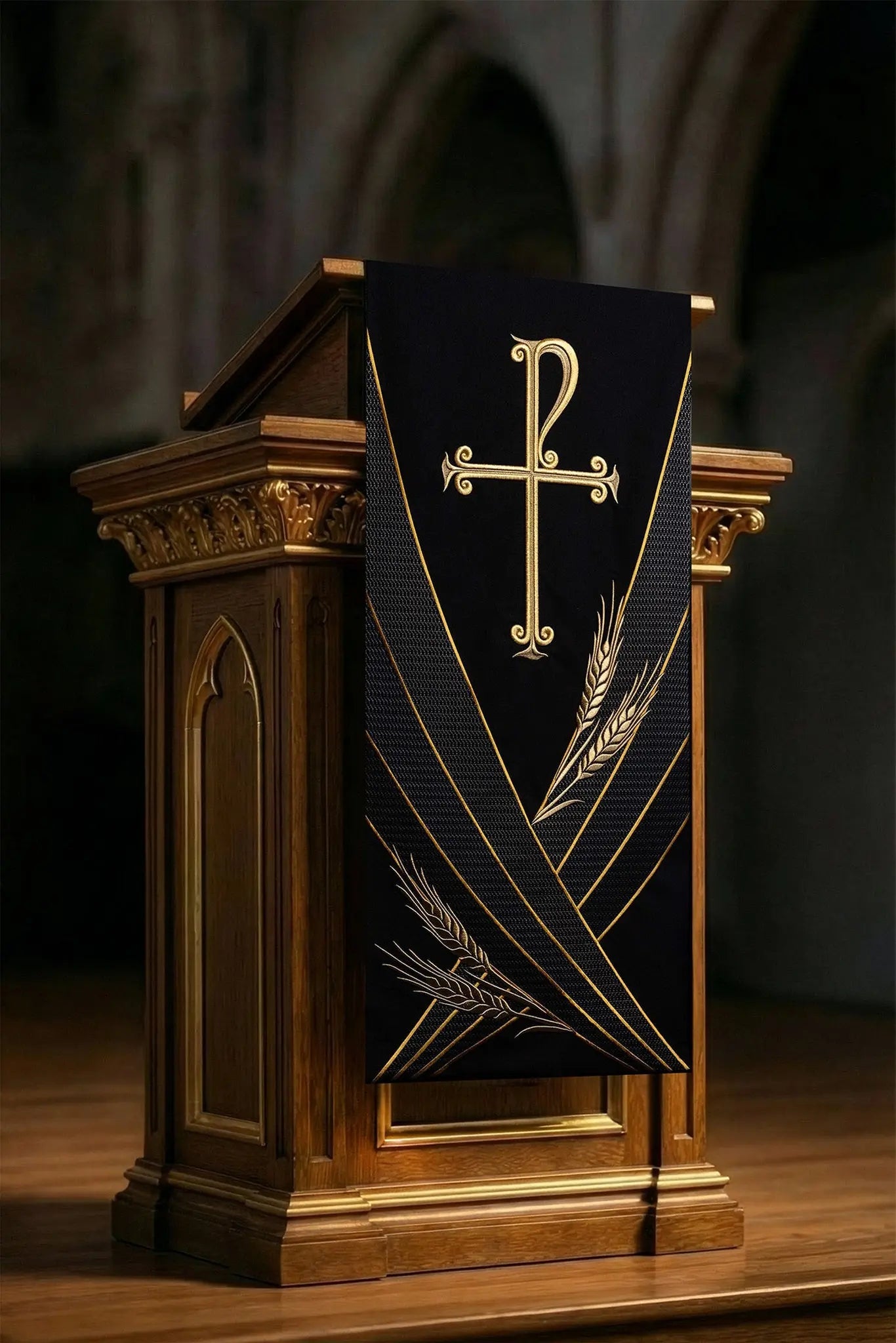 Black Lectern Cover with Chi-Rho and Wheat Sheaf Embroidery - HAFTINA ATELIER