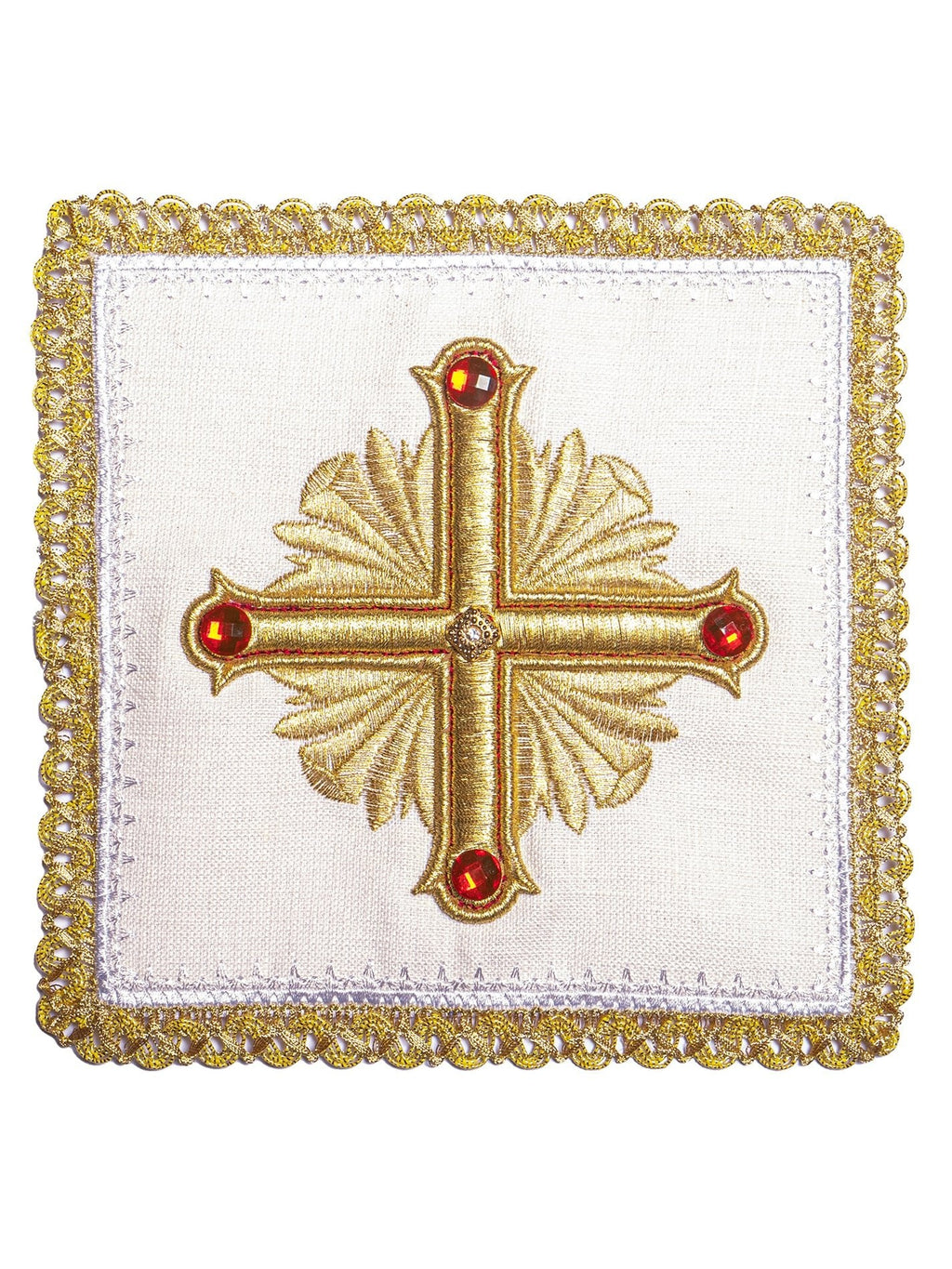 Bogato haftowana bielizna kielichowa z kamieniami. Wykonana z lnu