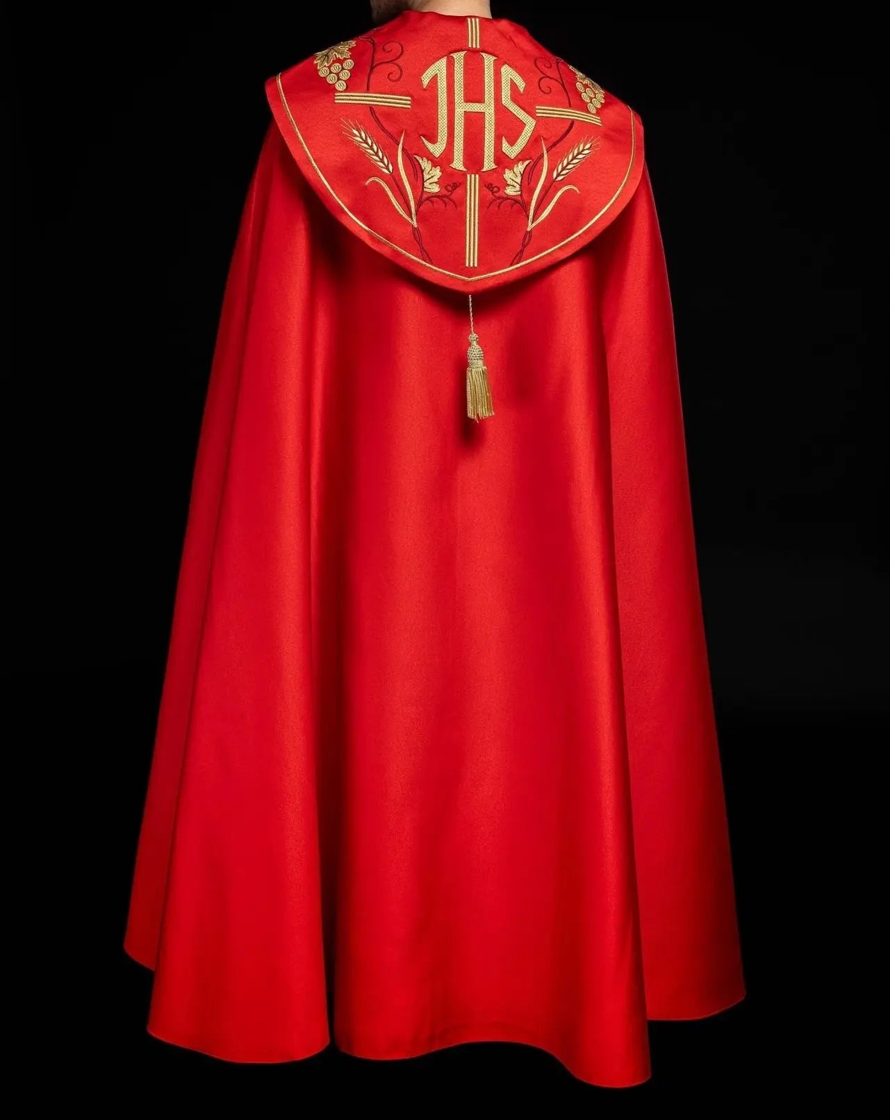 Capilla litúrgica roja con bordado dorado IHS y de uvas