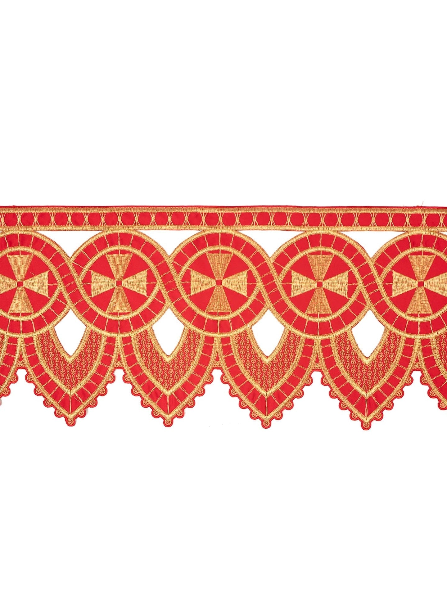 Czerwona koronka haftowana Złoty Krzyż