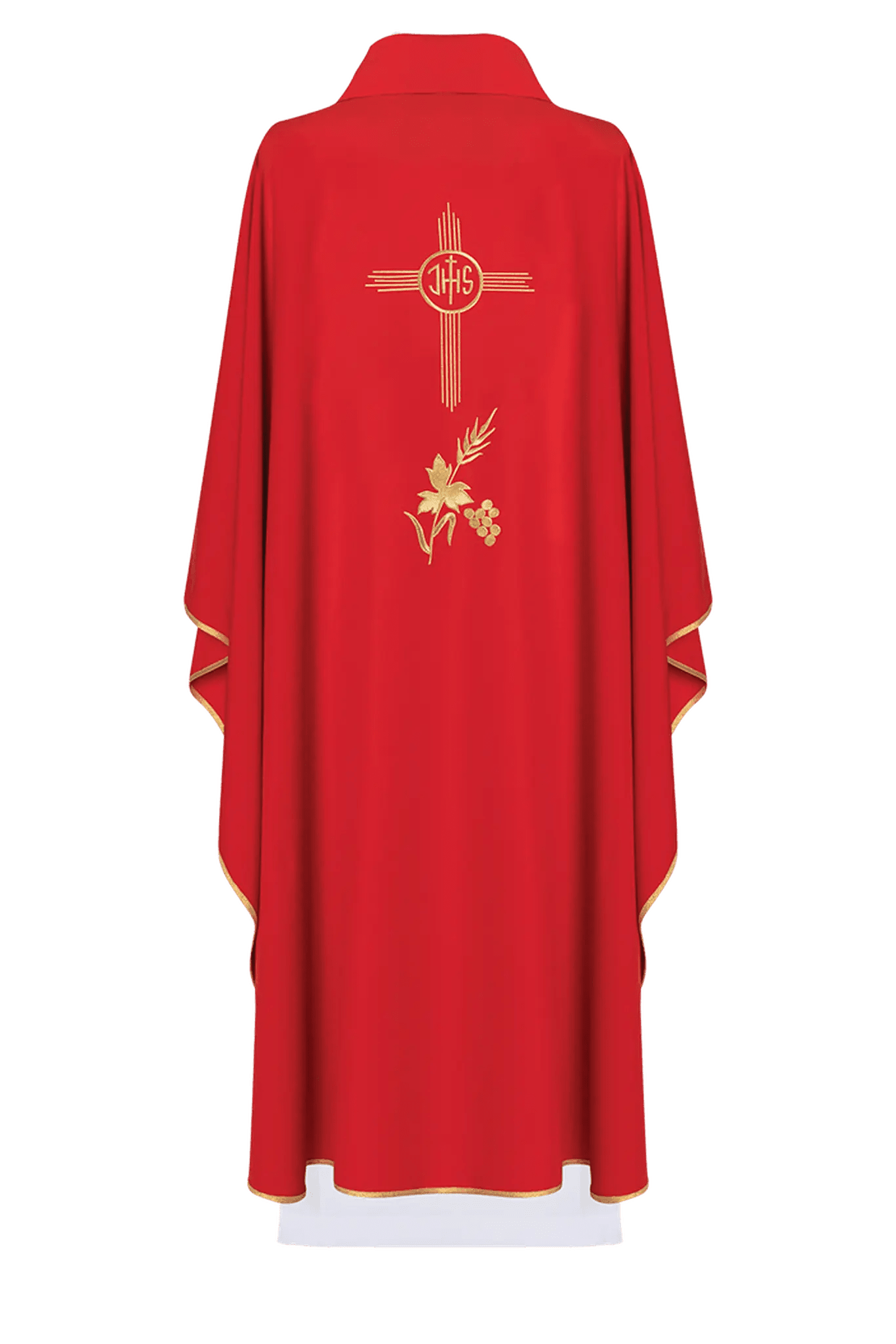 Casulla roja bordada con motivo IHS