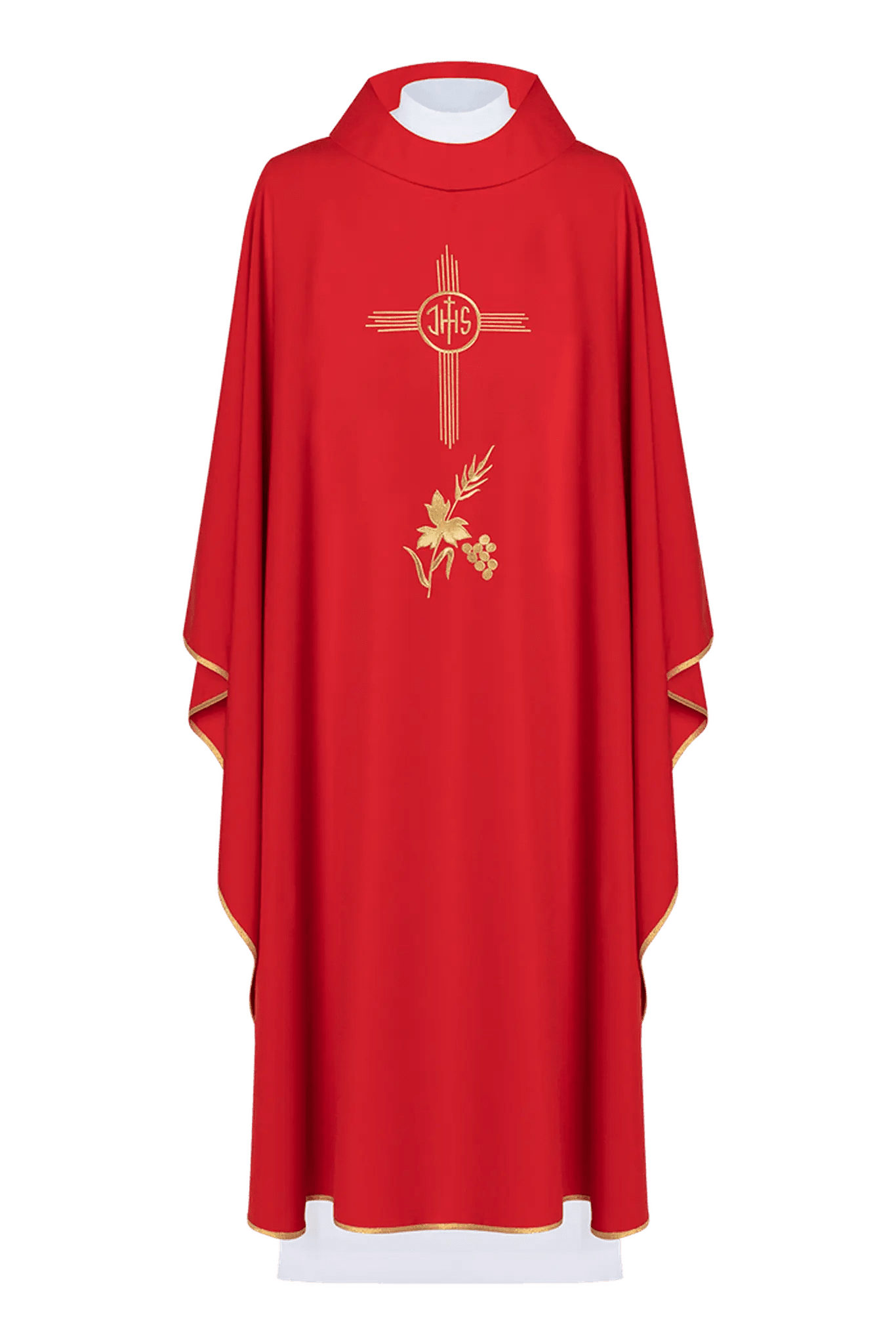 Casulla roja bordada con motivo IHS