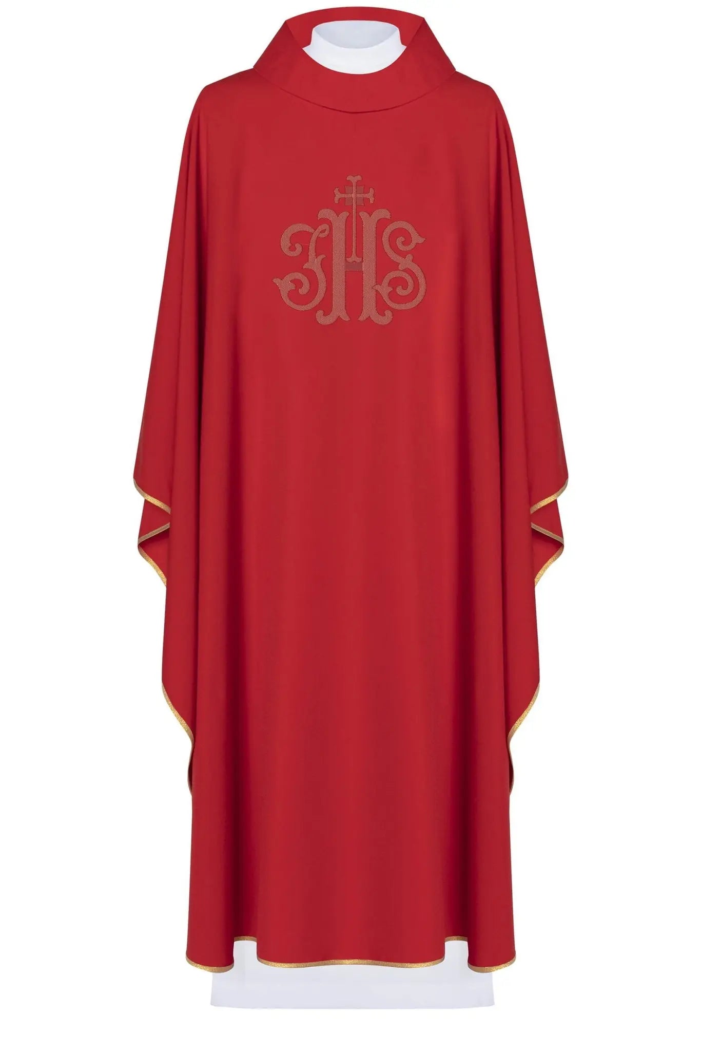 Red liturgical chasuble embroidered with IHS