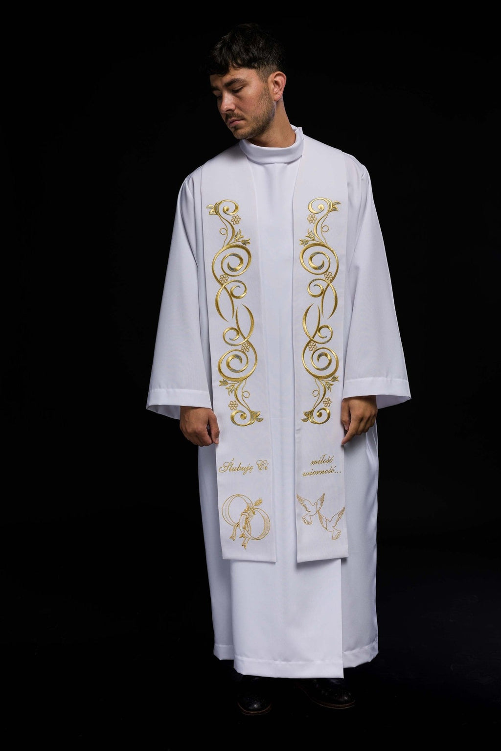 Długa stuła haftowana Ślubna w kolorze białym