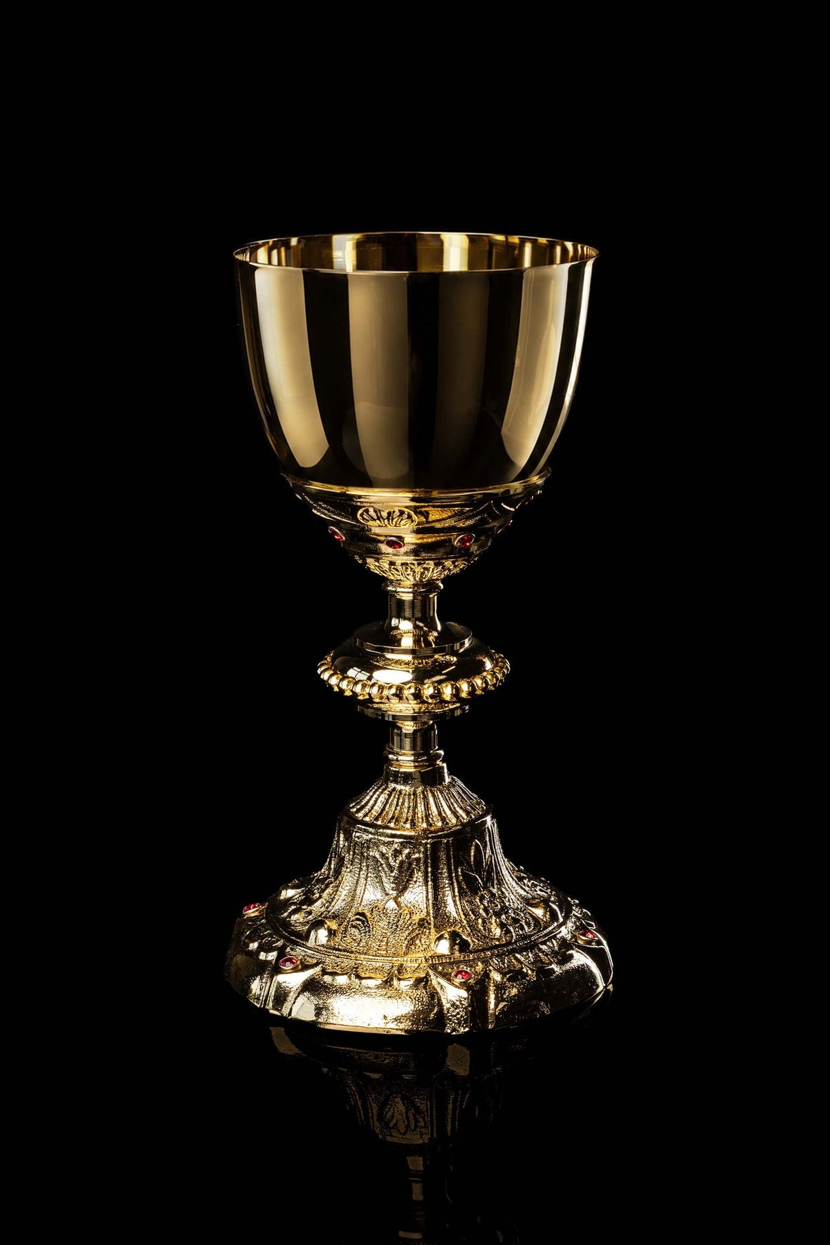 Gold-plated chalice with Baroque plant motifs and faux rubies, front view