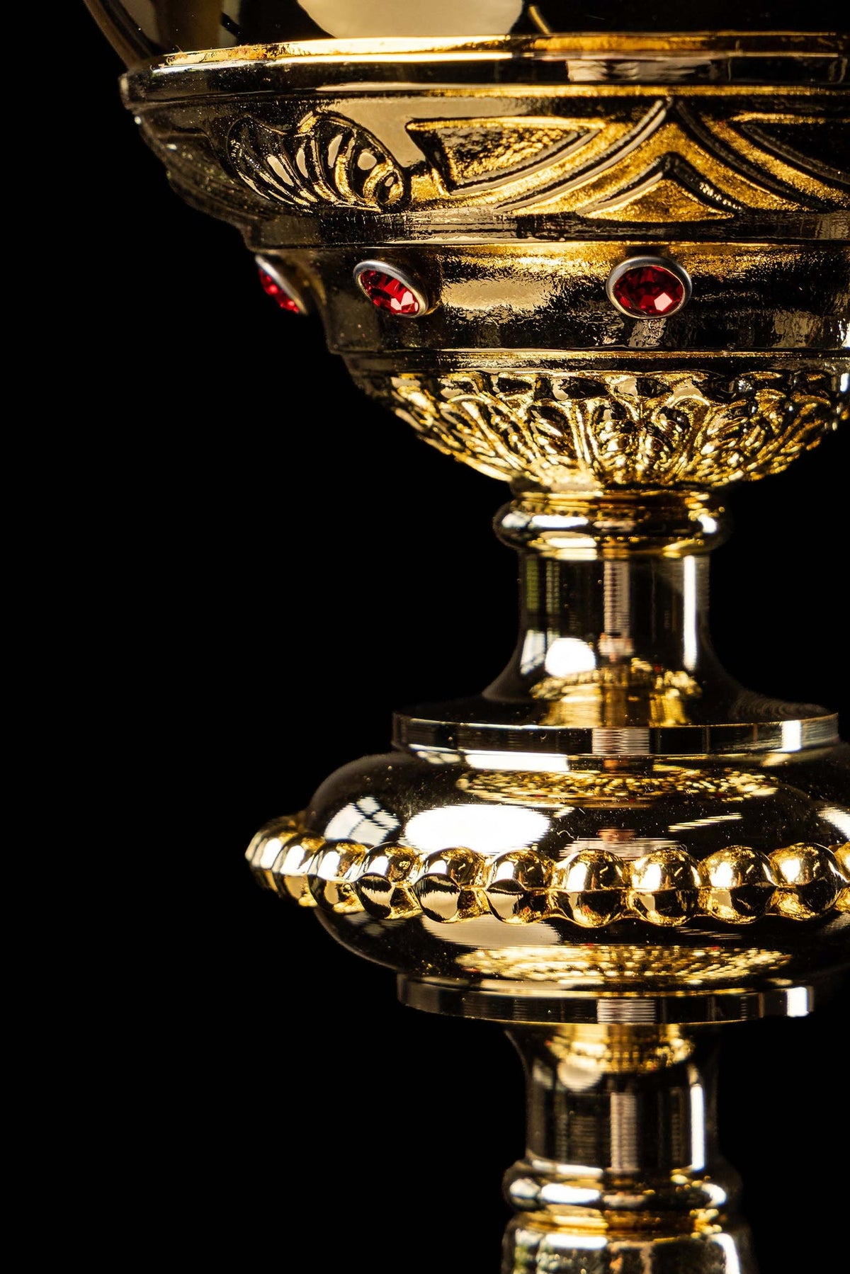Gold-plated chalice with Baroque plant motifs and faux rubies, stem close-up
