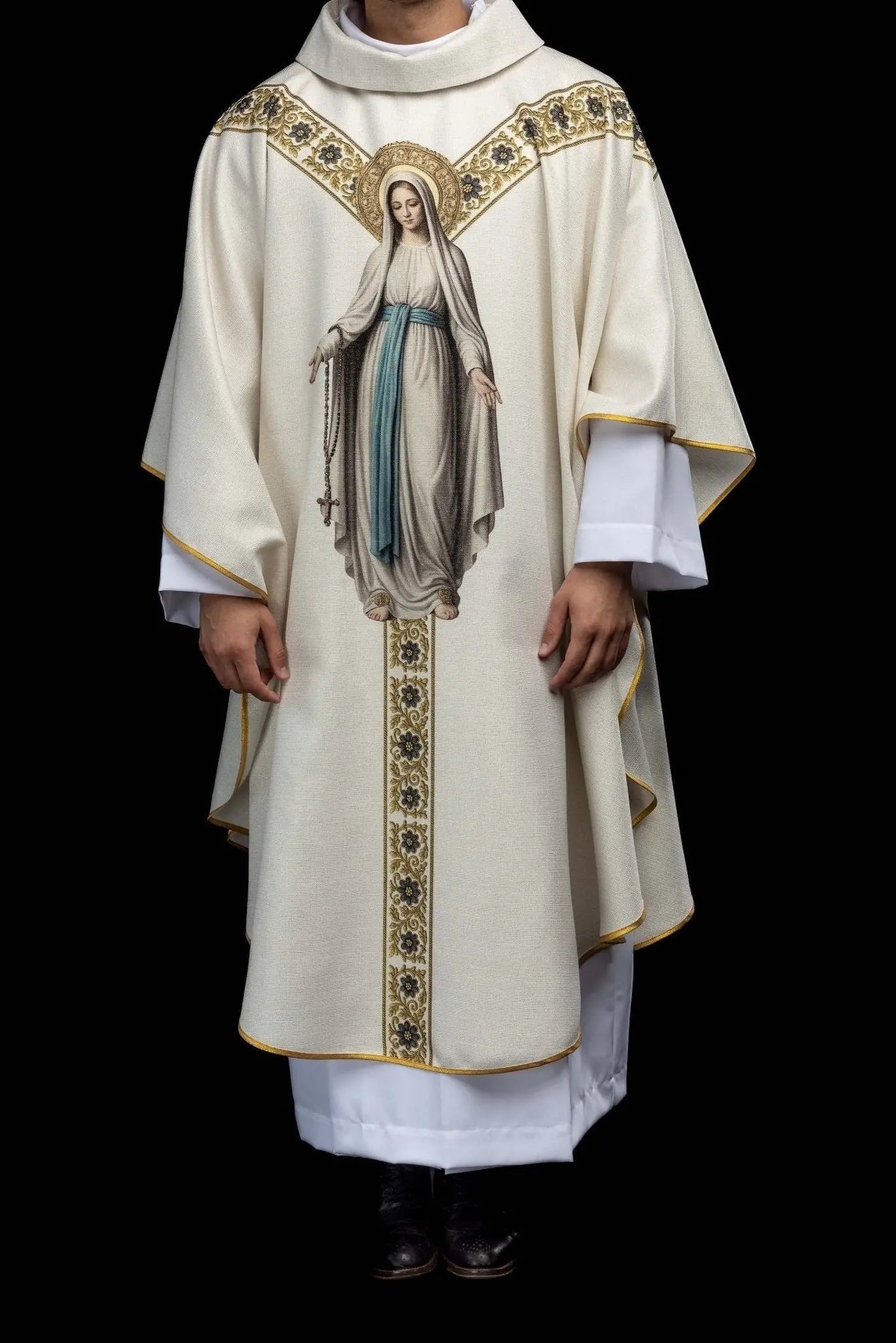 Ecru Chasuble with Printed Image of Our Lady of Lourdes - HAFTINA ATELIER