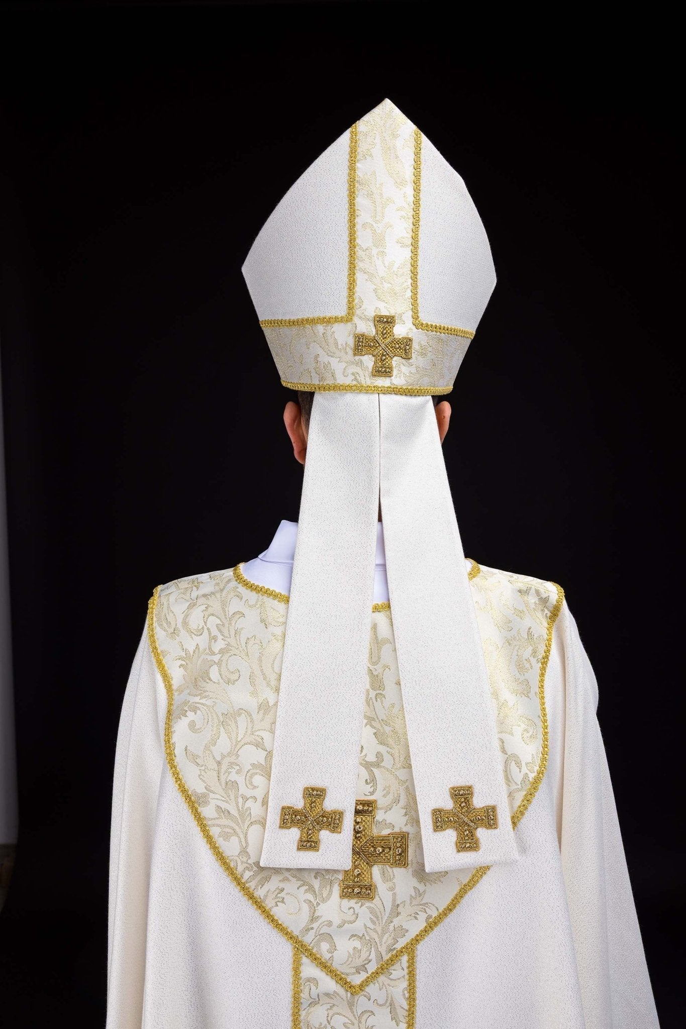 Ecru Mitre with Embroidered Cross and Jacquard Fabric - HAFTINA ATELIER