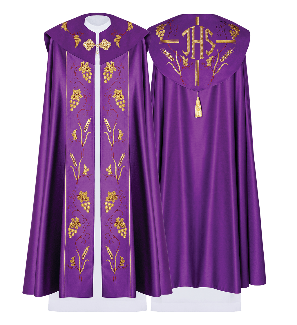 Fioletowa kapa liturgiczna z złotym haftem winogron