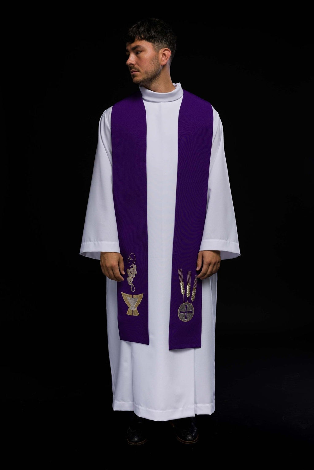 Fioletowa stuła kapłańska haftowana Kielich, Kłosy i Winogrona