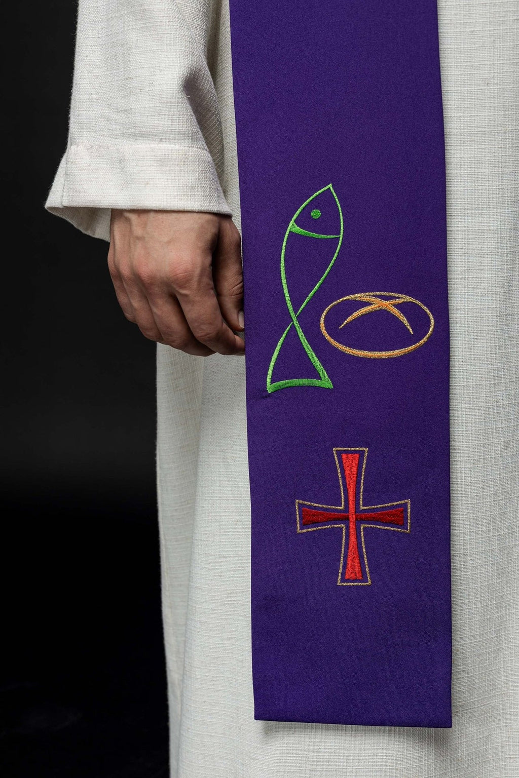 Fioletowa stuła kapłańska haftowana Ryba Chleb Krzyż