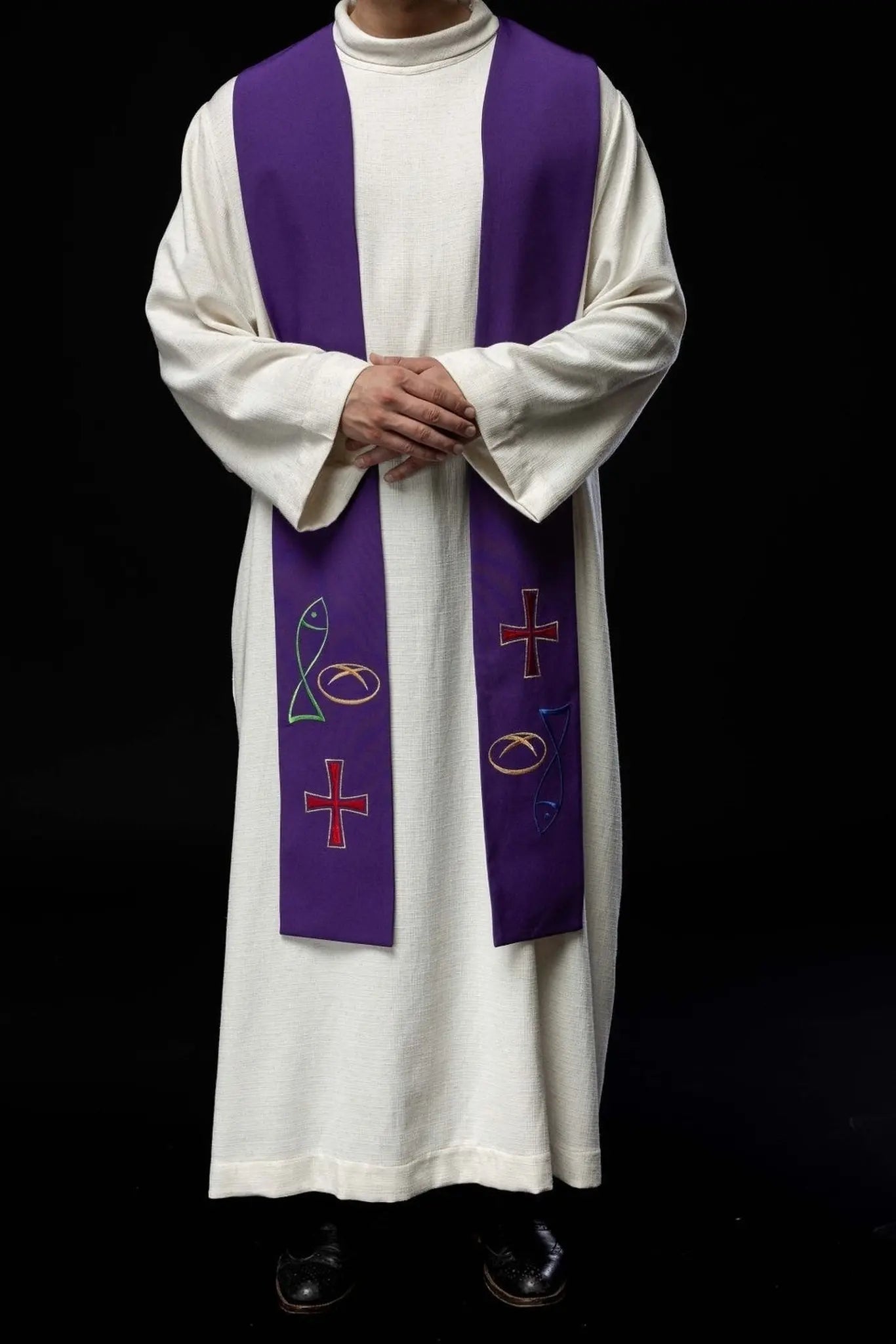 Estola de sacerdote púrpura bordada Pan de pescado Cruz