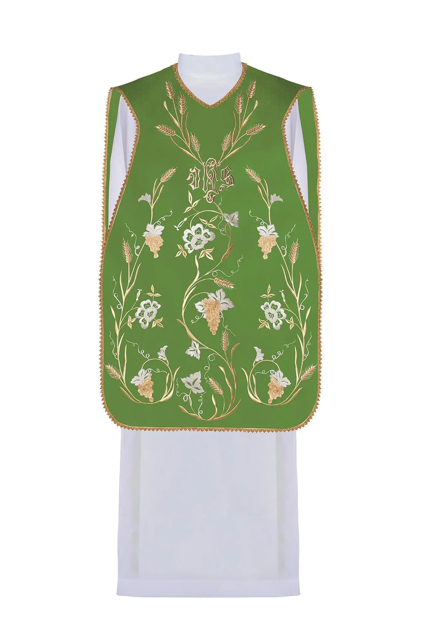 Green Roman chasuble with motif of IHS, ears and grapes - HAFTINA ATELIER