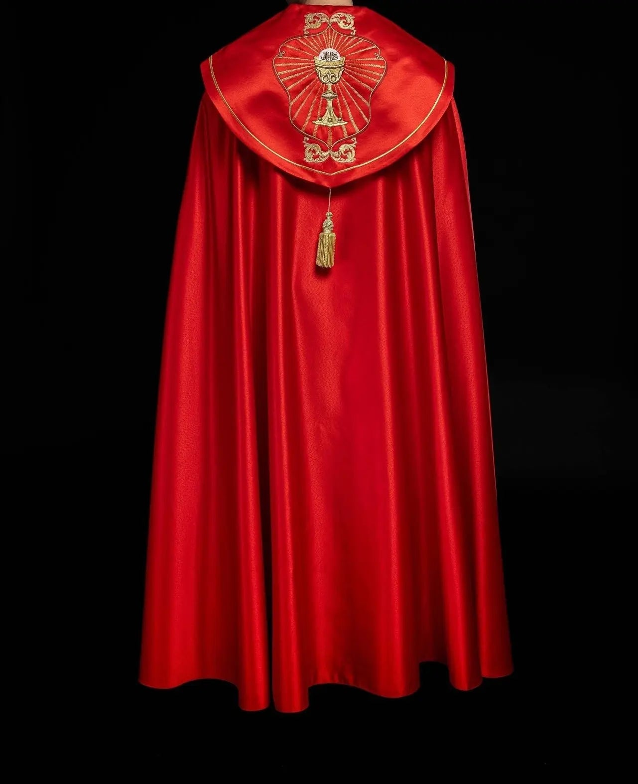 Capilla litúrgica bordada con cáliz e IHS en tono rojo