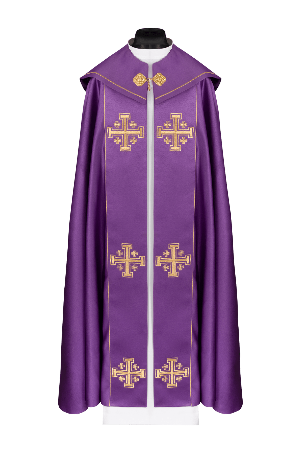 Capa pluvial litúrgica morada con galón central y bordado de cruces, vista frontal