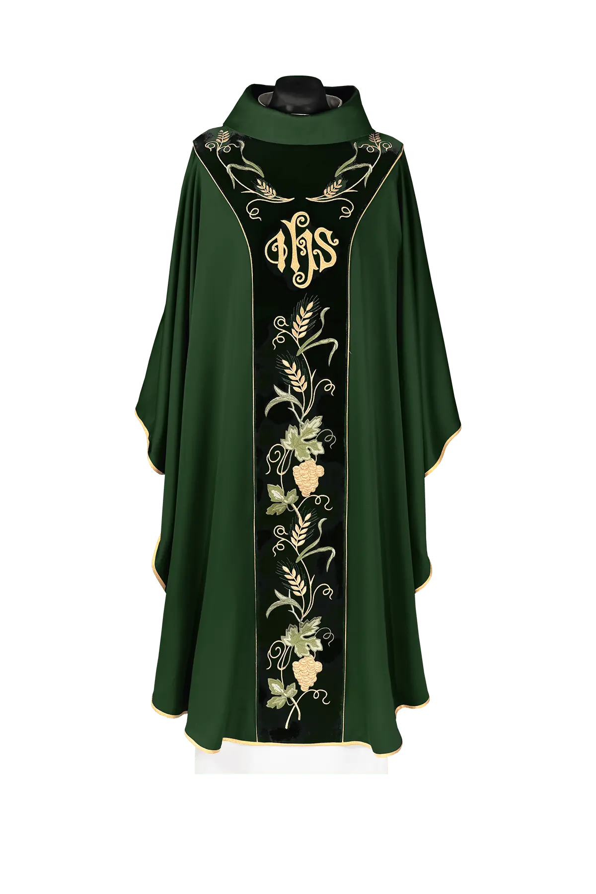 Verde casulla con galón central de terciopelo e IHS bordado, vista frontal