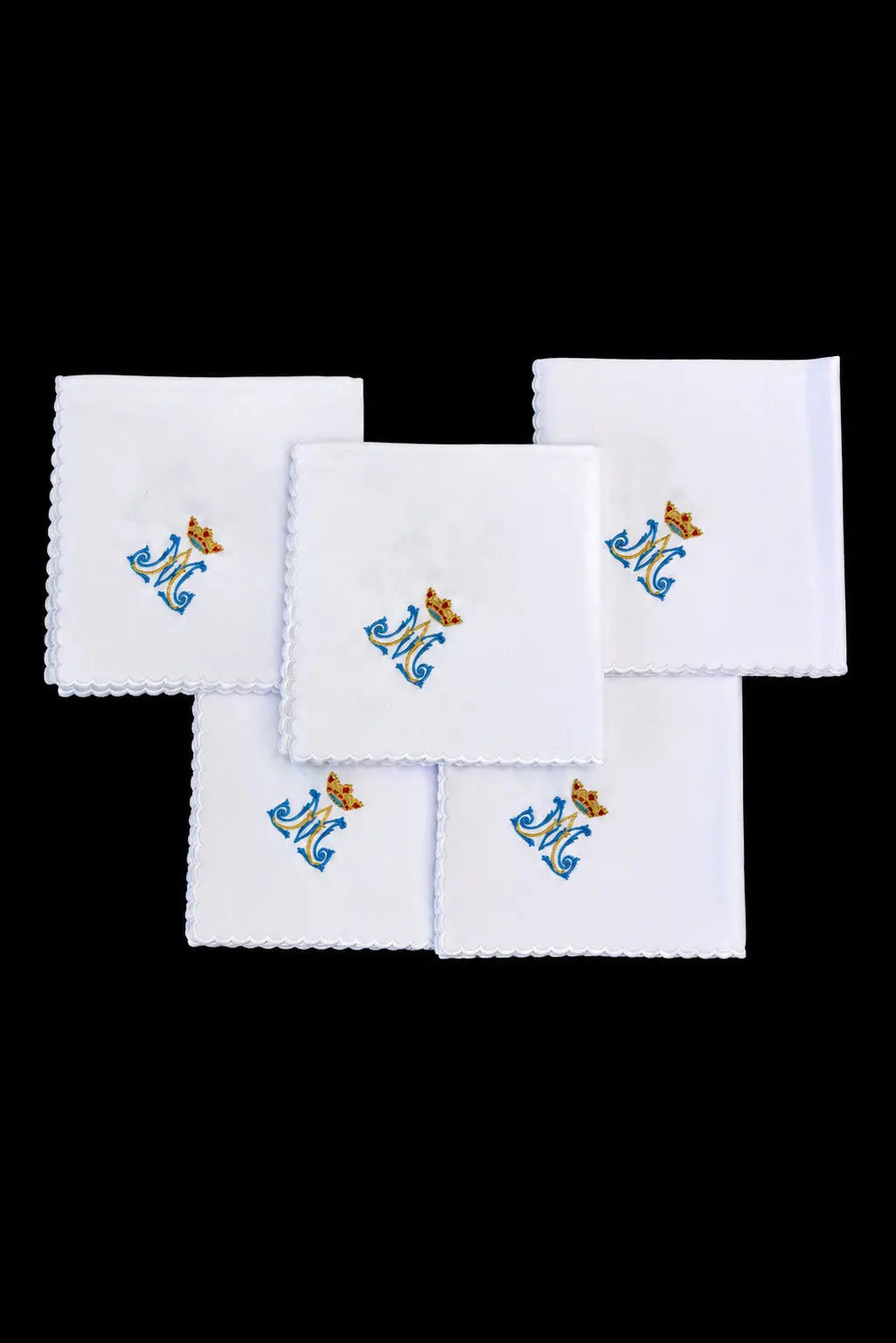 Blanco Set de 5 corporales con monograma mariano «M» coronado, vista superior
