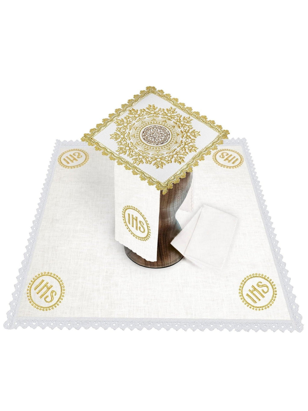 Komplet kielichowy bogato haftowany z motywem IHS