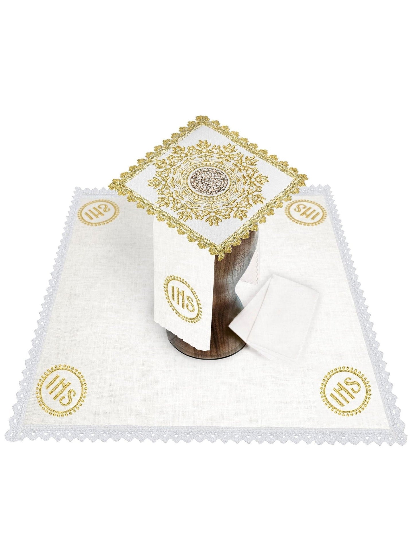 Komplet kielichowy bogato haftowany z motywem IHS