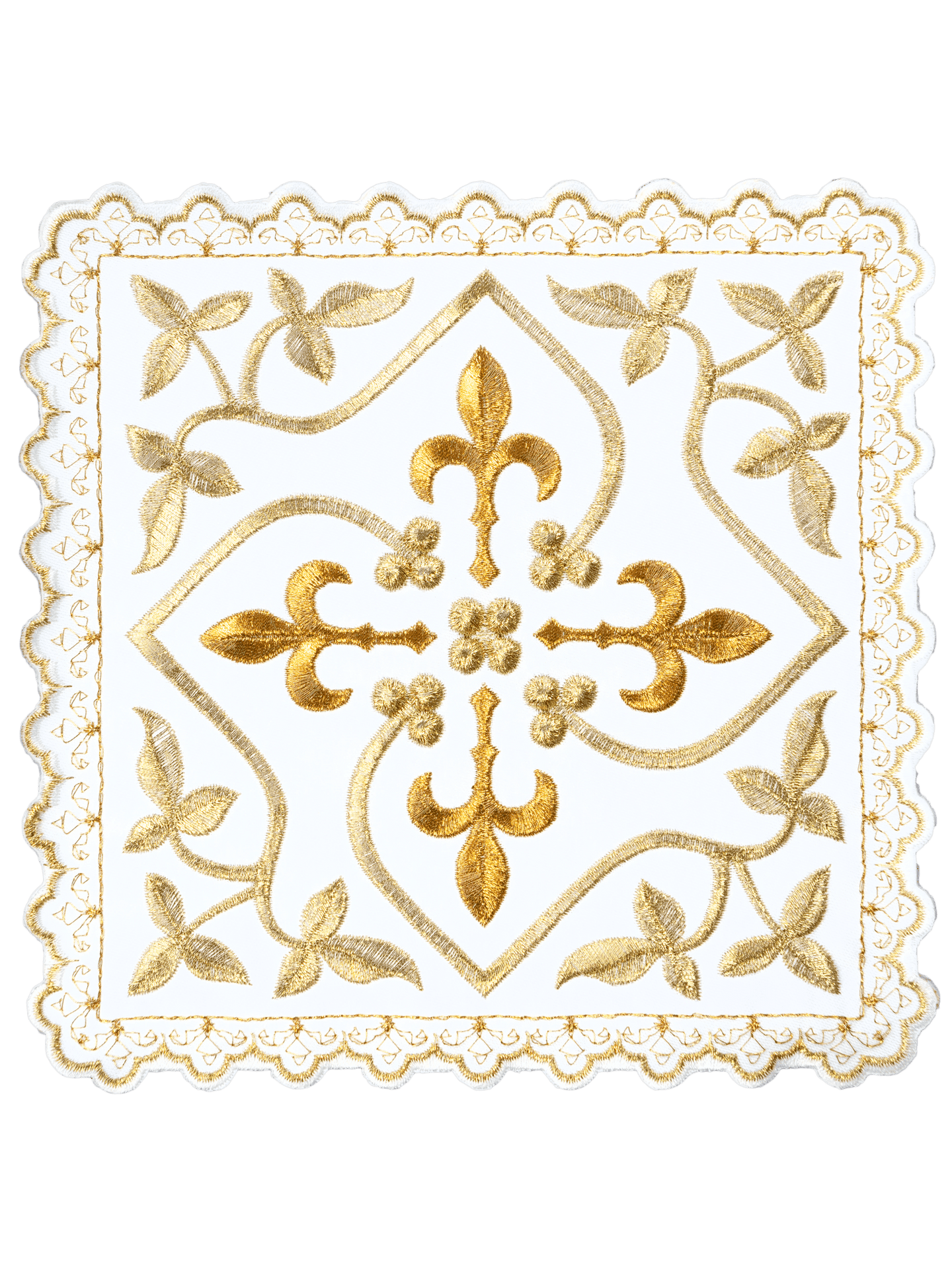 Komplet kielichowy z motywem krzyża z złotymi zdobieniami i haftowanym motywem florystycznym