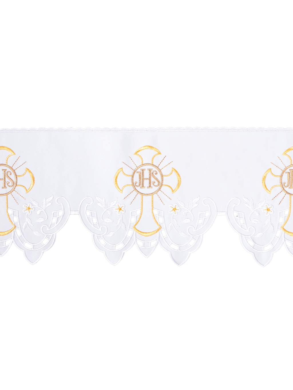 Koronka do obrusu z haftem czołowym IHS Krzyż Biały