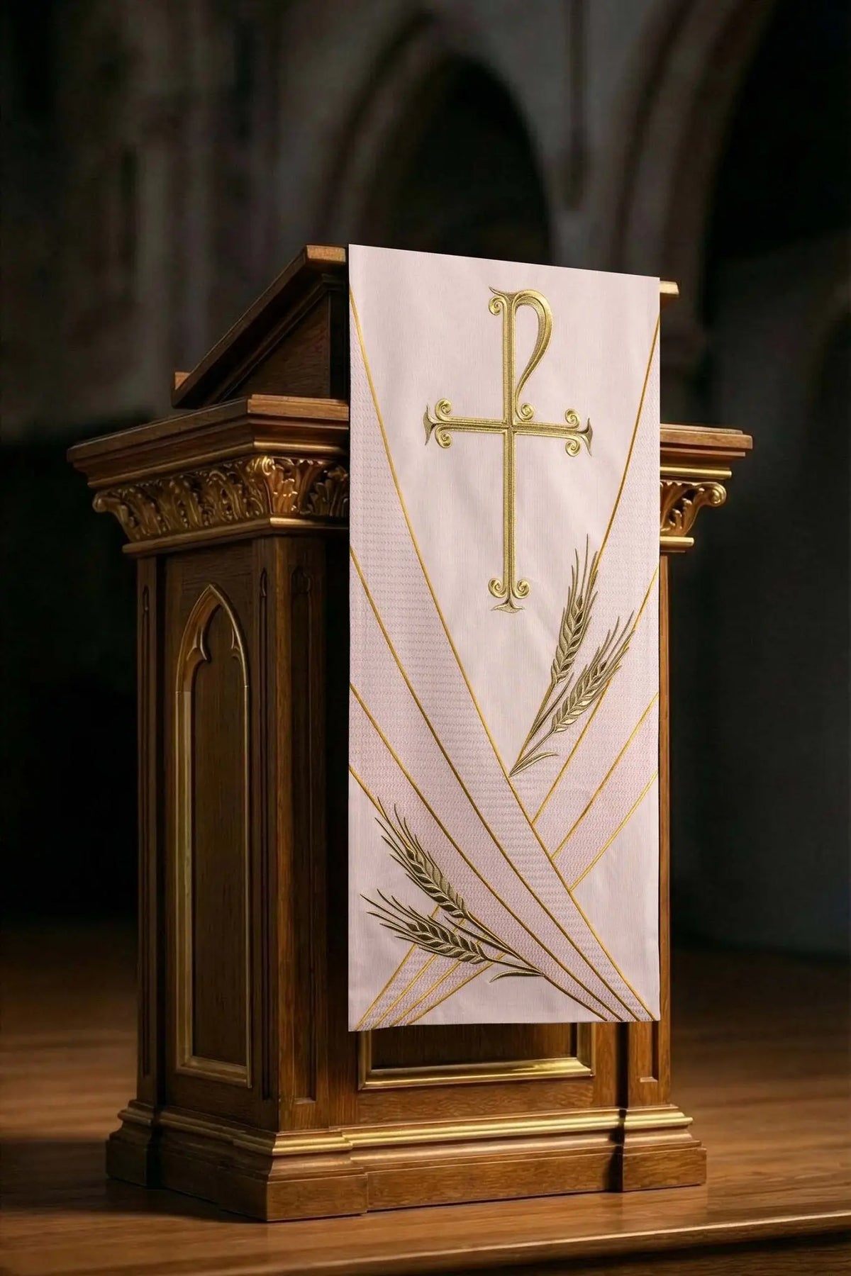 Rosa paño de atril para Gaudete y Laetare con bordado PAX y espigas de trigo, vista frontal