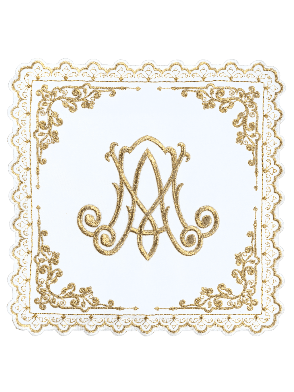 Liturgiczny komplet kielichowy z haftowanym motywem Maryjnym