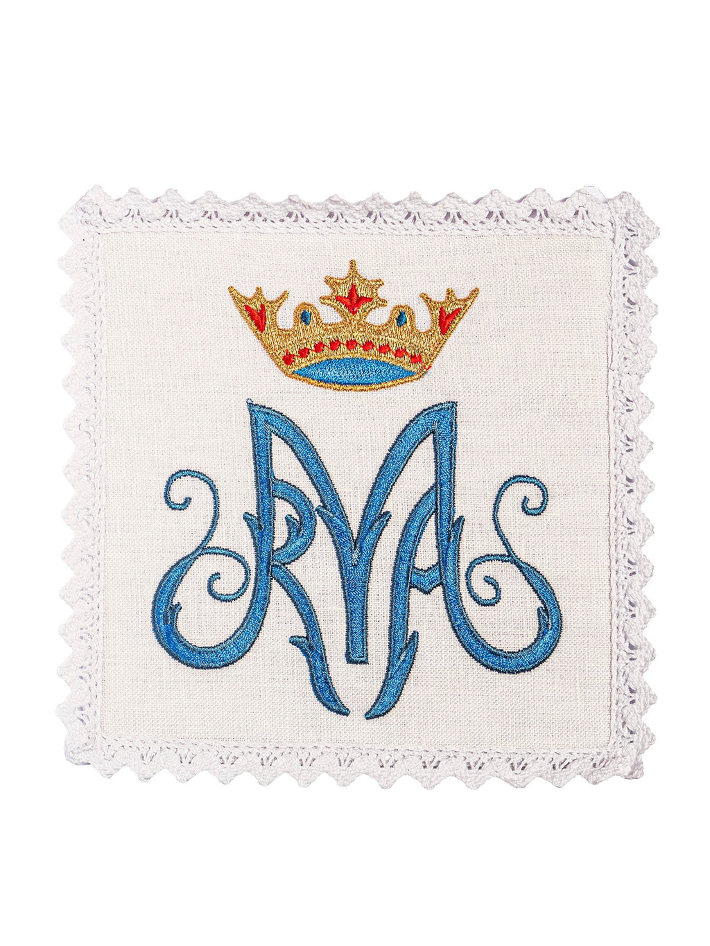 Lniana bielizna kielichowa z motywem maryjnym