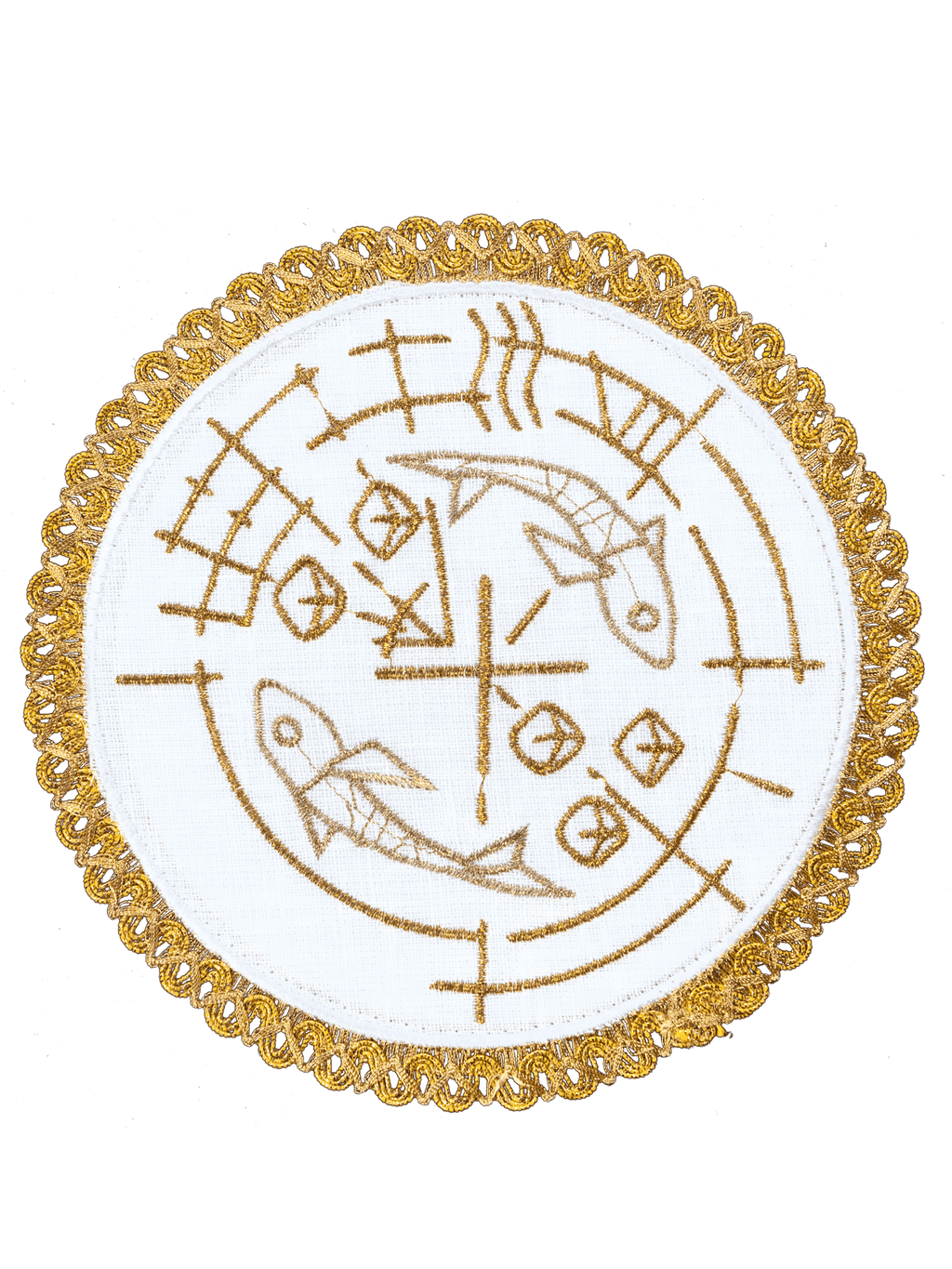 Lniany komplet kielichowy z motywem ryb, chleba i krzyża na okrągłej palce