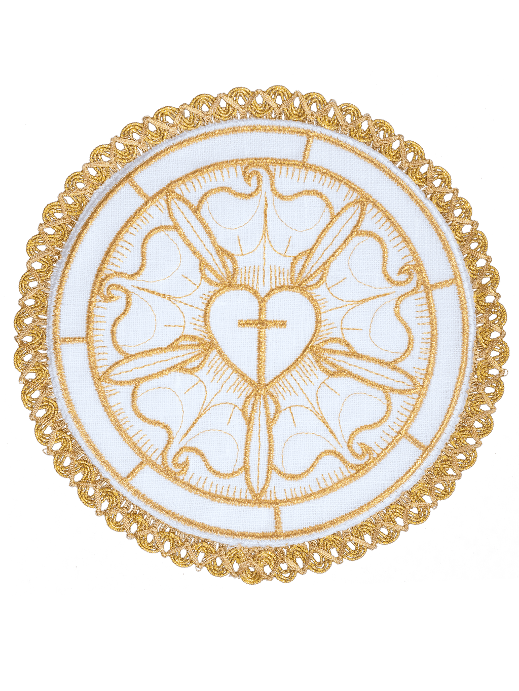 Lniany komplet kielichowy z motywem serca i krzyża na okrągłej palce