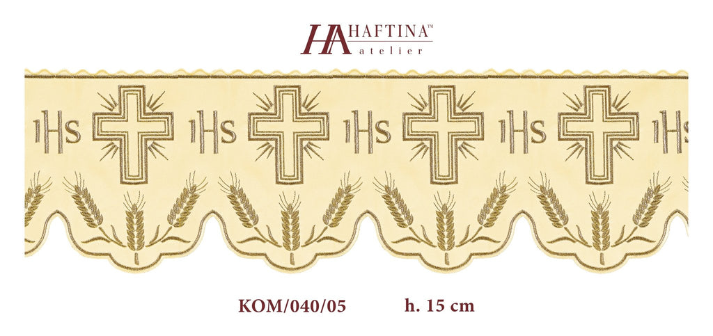 Metraż z monogramem IHS w kolorze ecru z motywem krzyża