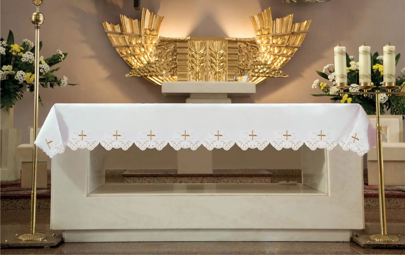 Paño de altar con bordado frontal de IHS y cruz
