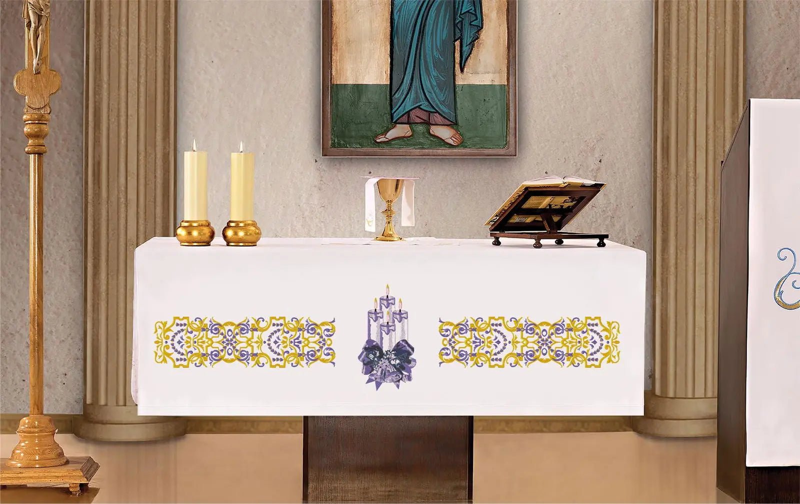 Mantel de altar con bordado de corona de Adviento