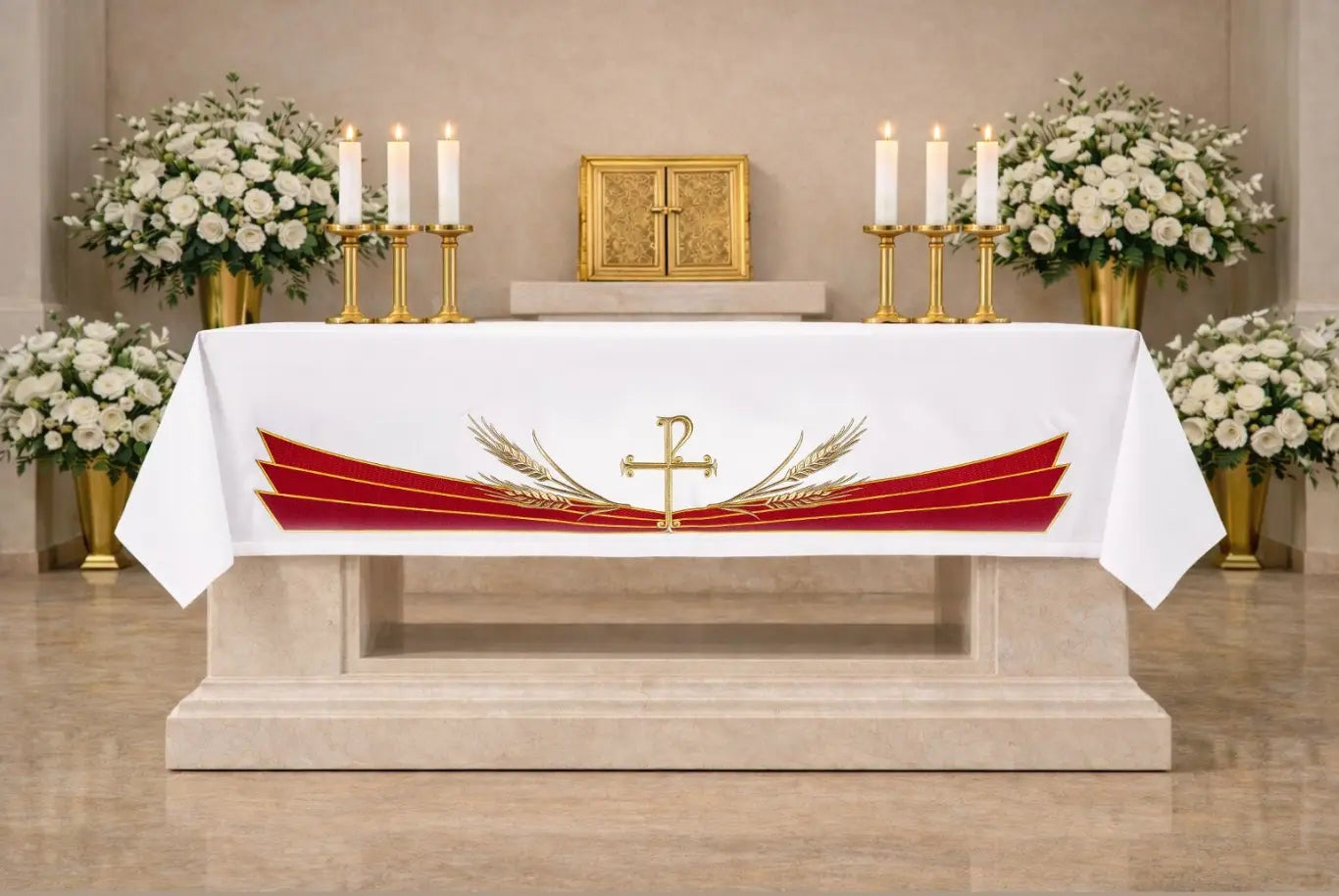 White altar cloth with embroidered Pax symbol, golden wheat sheaves, and red and gold trim