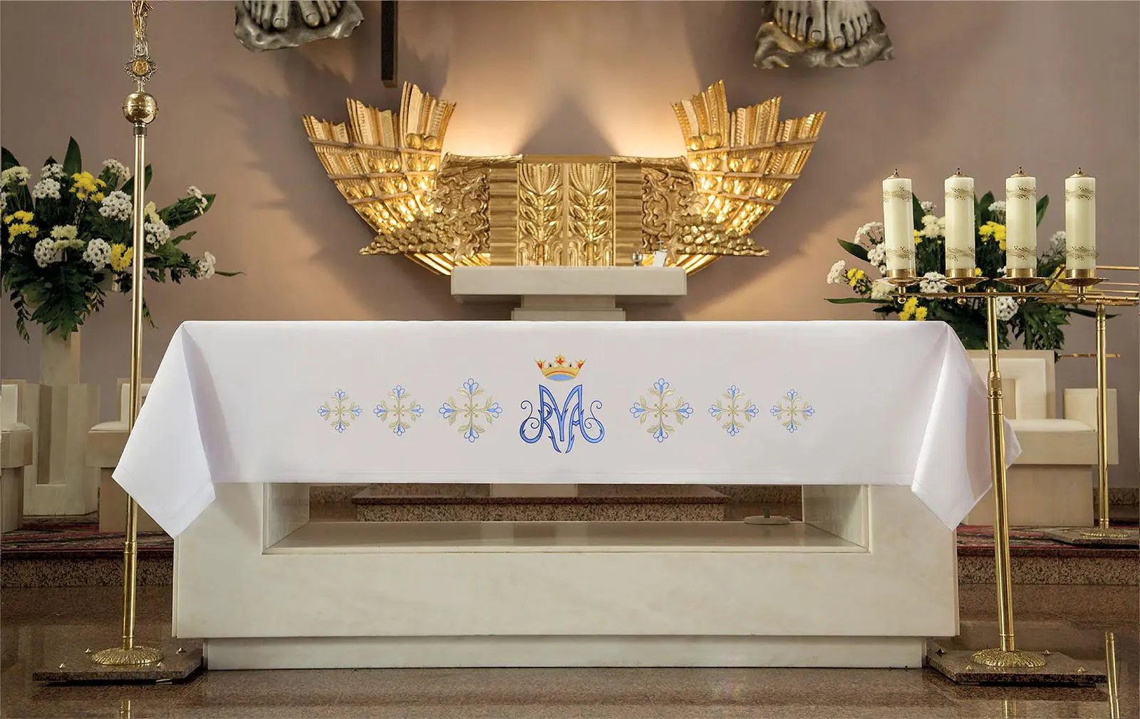 Paño de altar con bordado frontal mariano azul