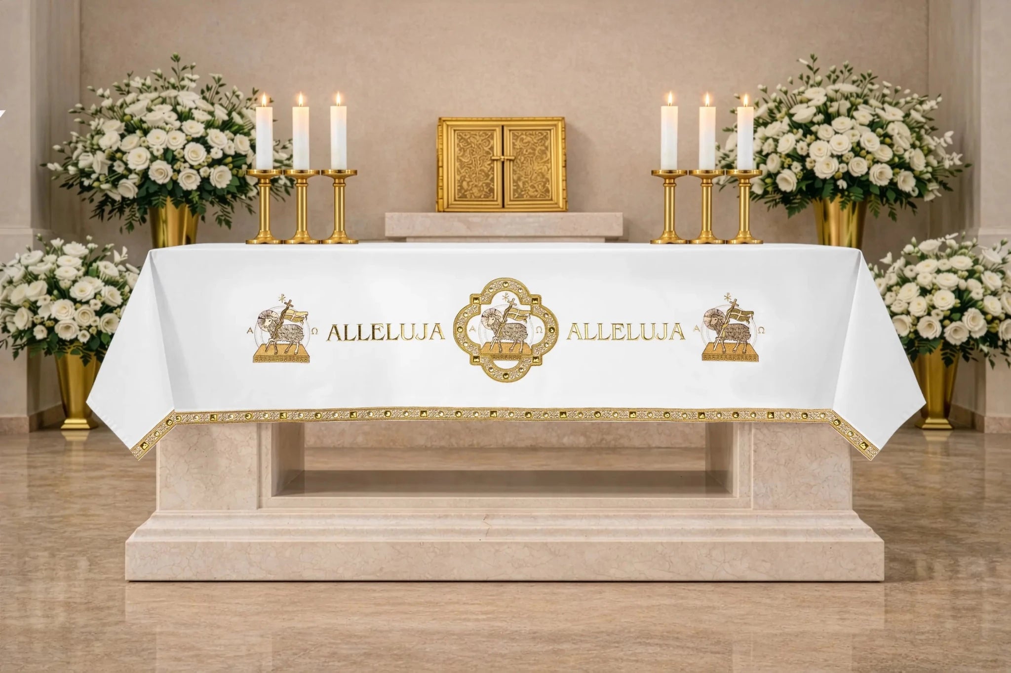 Mantel de Altar de Pascua con Bordado del Cordero Pascual y Aleluya