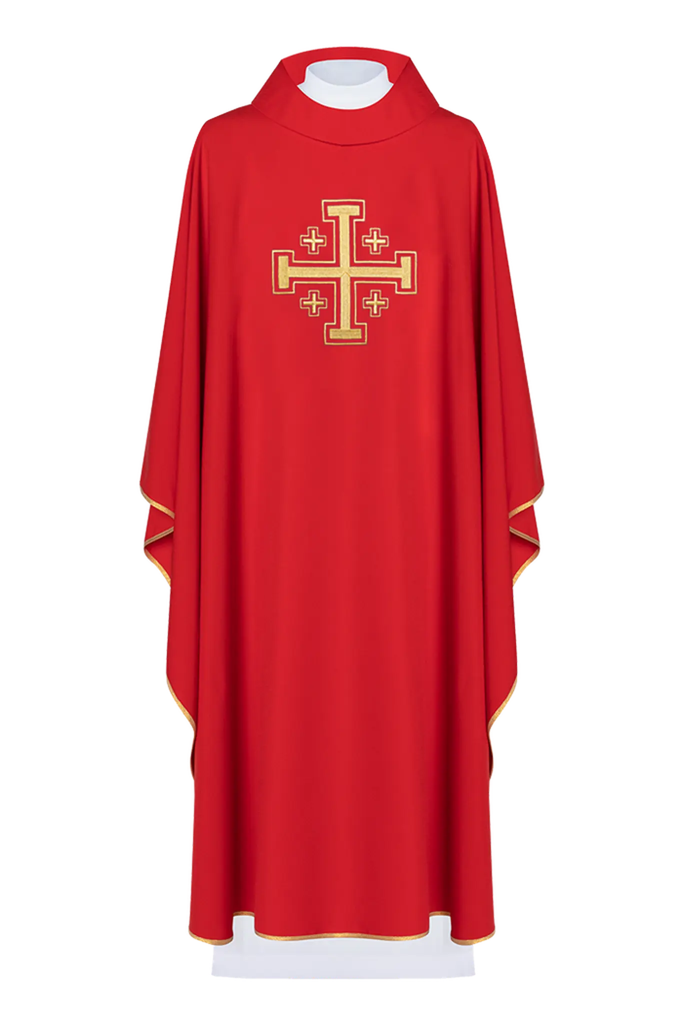 Red chasuble embroidered Jerusalem Cross