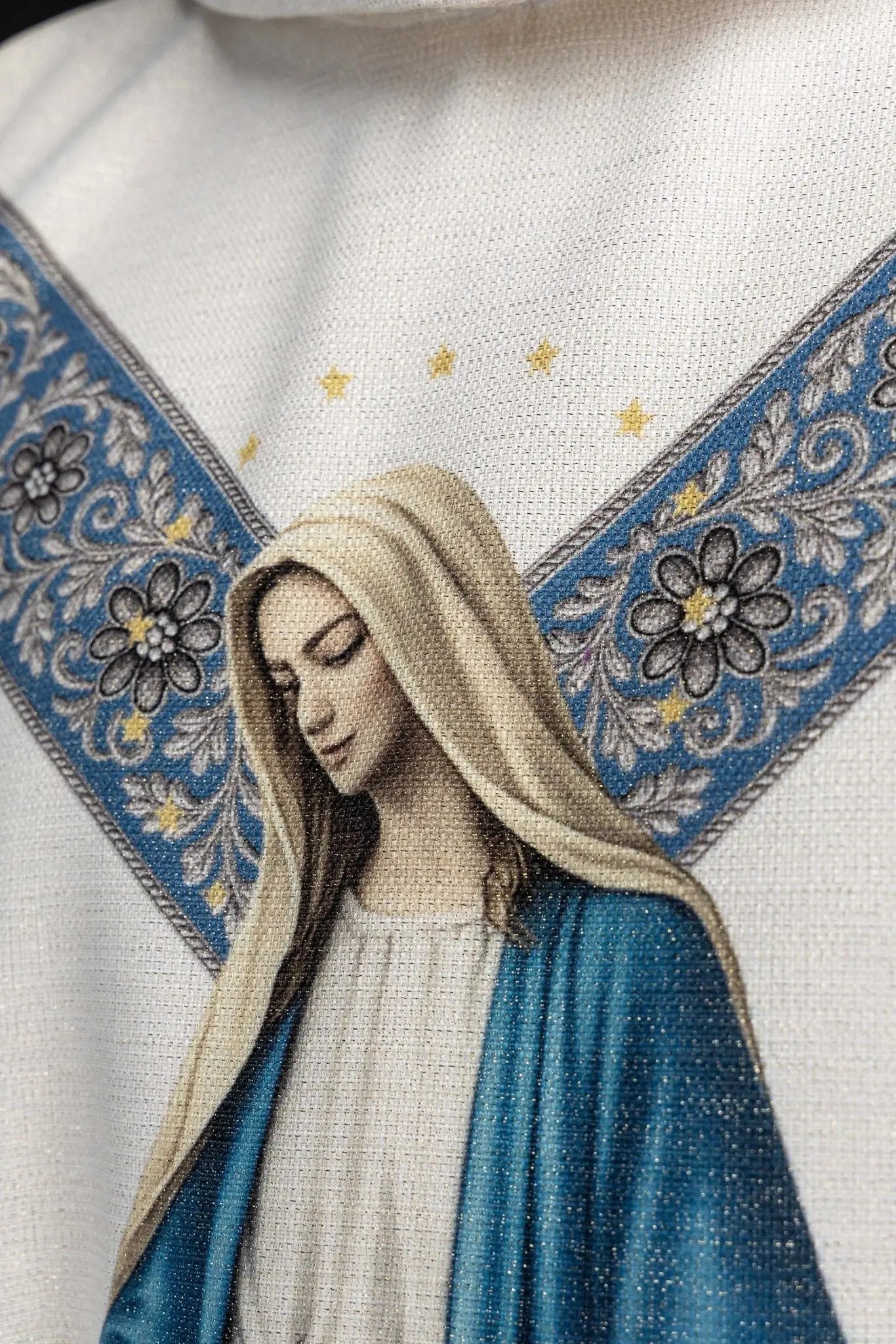 Ecru chasuble with printed image of the Immaculate Conception, Marian vestment