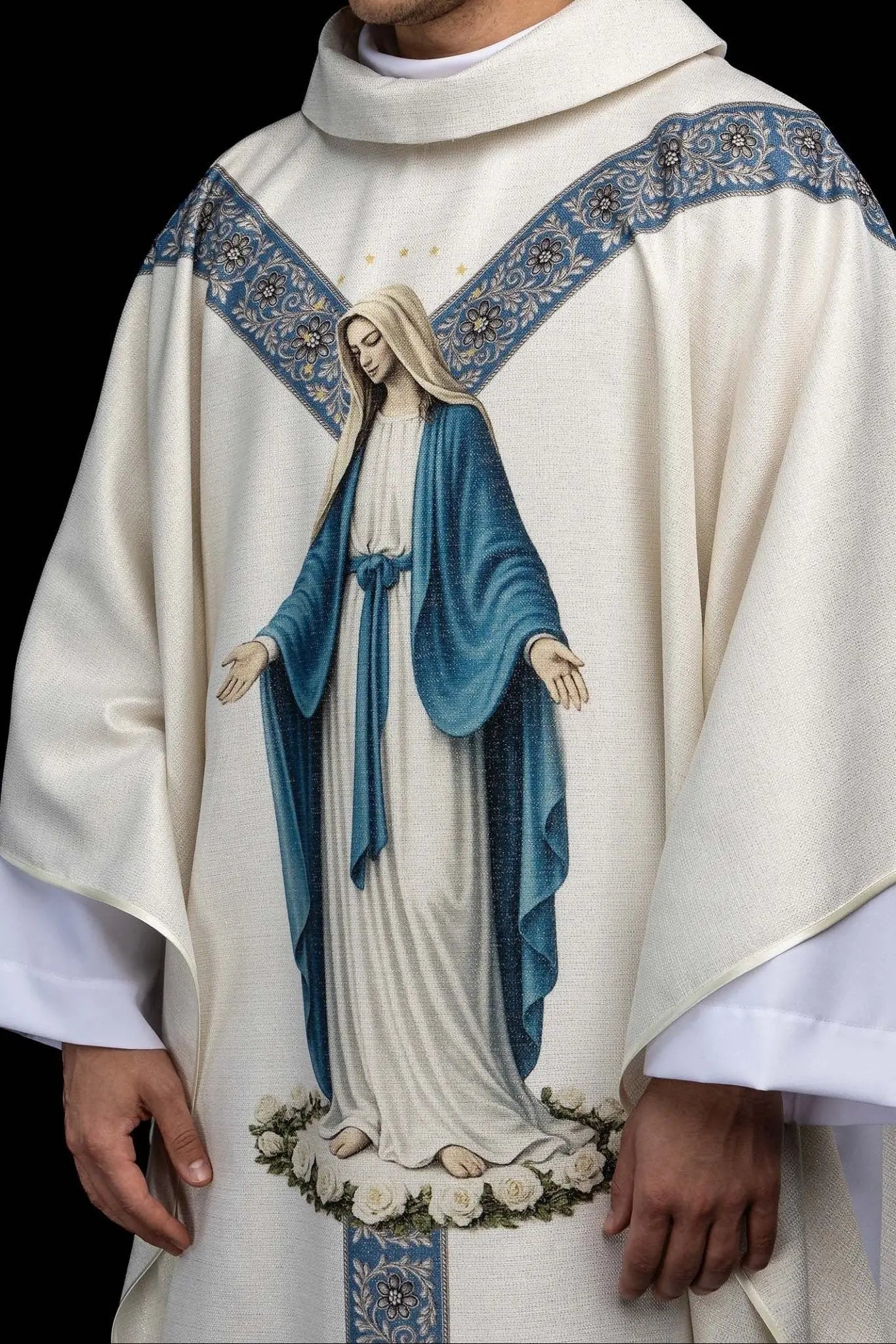 Ecru chasuble with printed image of the Immaculate Conception, Marian vestment